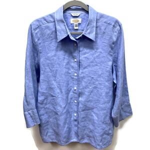 Talbots Blue 100% Irish Linen Blouse Women’s 16 Button Up Shirt 3/4 Sleeve Top